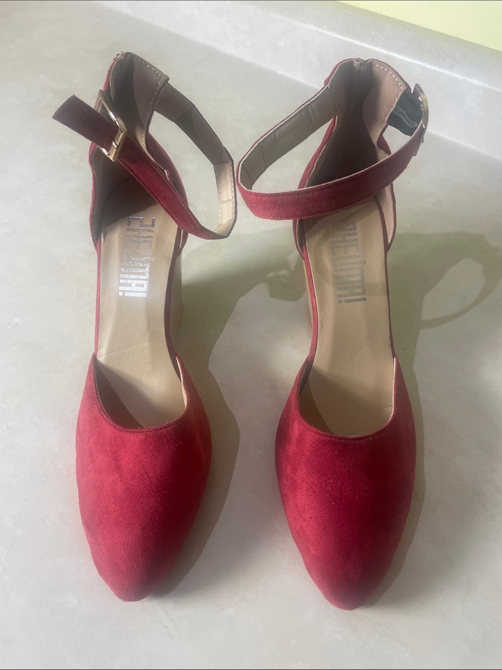 Red Ankle-Strap Women’s Wedge Heels Size 9